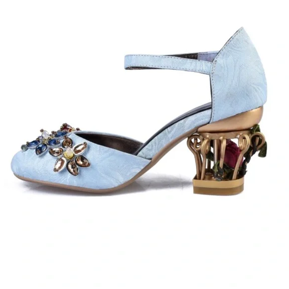 Handmade Blue Brocade Crystal Cage Shoes - Picture 7 of 9